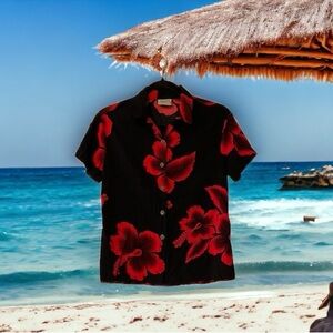 Aloha Hut Hawaii Black w/Red Tropical Floral Print Top
